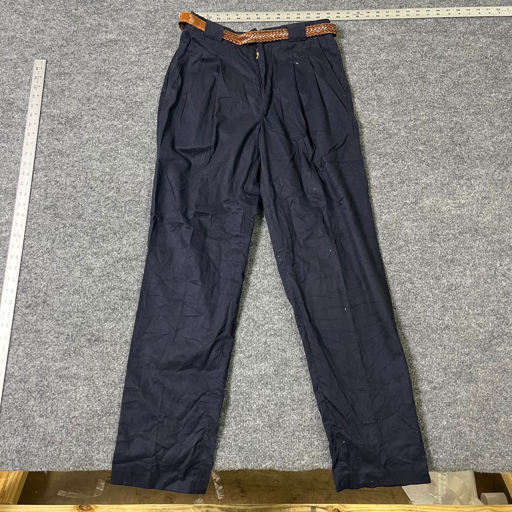 Pace Trousers Mens Size 30 Navy Blue Pleated Casual Straight Leg Braided Belt